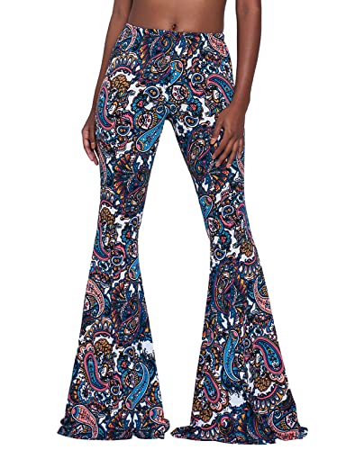 Nuofengkudu Mujer Pantalones Campana Hippie Estampados Largos Elastico Tiro Alto Pantalón Leggins Acampanados Pantalon Comodo Casual Fiesta Ropa Flores Azules S