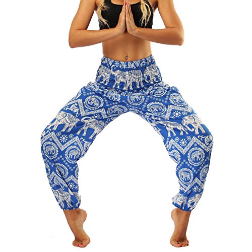 Nuofengkudu Mujer Pantalones Hippies Tailandeses Estampado Verano Cintura Alta Elastica con Bolsillos para Yoga Casual Azul Elefante