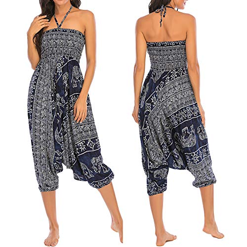 Nuofengkudu Mujer Thai Harem Pantalones Jumpsuit Hippie Boho Estampados Baggy Monos Pantalón Cintura Alta Indios Tallas Grandes Yoga Pants Pijama Verano Playa(S-Elefante Azul Oscuro)