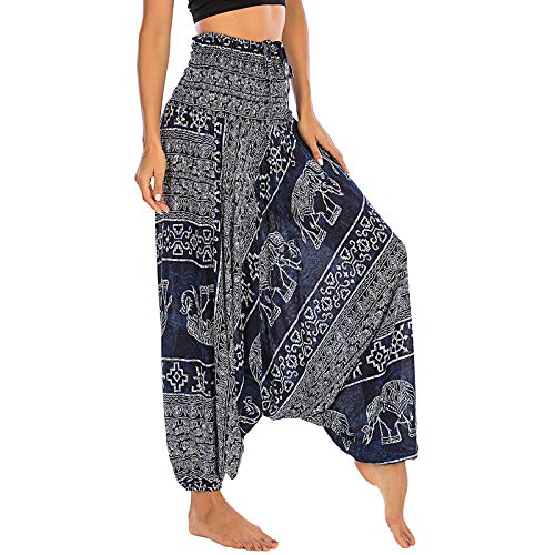 Nuofengkudu Mujer Thai Harem Pantalones Jumpsuit Hippie Boho Estampados Baggy Monos Pantalón Cintura Alta Indios Tallas Grandes Yoga Pants Pijama Verano Playa(S-Elefante Azul Oscuro)
