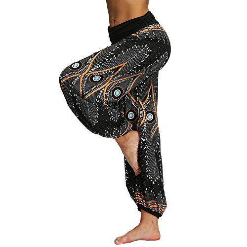 Nuofengkudu Mujeres Hippies Pantalones Largos Cintura Alta Boho Flores Impreso Suelto Yoga Pants Verano Playa Fiesta Tailandeses Harem Pantalón (Negro Pavo,XL)