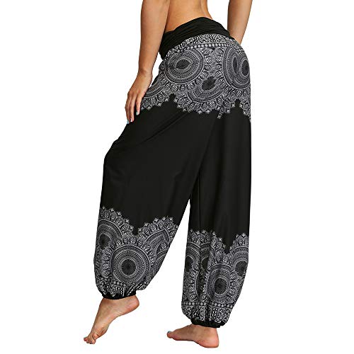 Nuofengkudu Mujeres Hippies Pantalones Largos Cintura Alta Boho Flores Impreso Suelto Yoga Pants Verano Playa Fiesta Tailandeses Harem Pantalón (Negro Pavo,XL)