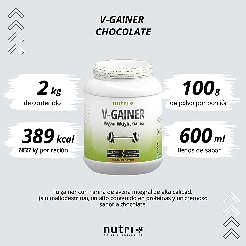 nutri+ WEIGHT & MASS GAINER 2 kg Vegano - Bebida con sabor Chocolate rico en calorías para ganar peso y masa muscular - ganador masa sin maltodextrina - 1 kg