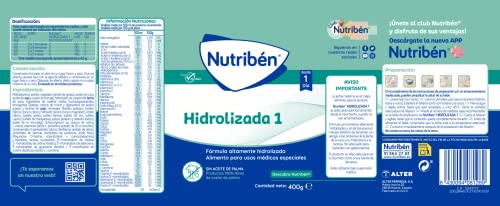 Nutribén Hidrolizada 1 - Leche Bebé 1 para Intolerantes a la Lactosa o APLV desde el Primer Día | Alimento Completo | sin Aceite de Palma | con Cacito Dosificador Incluido | 1 Bote de 400g