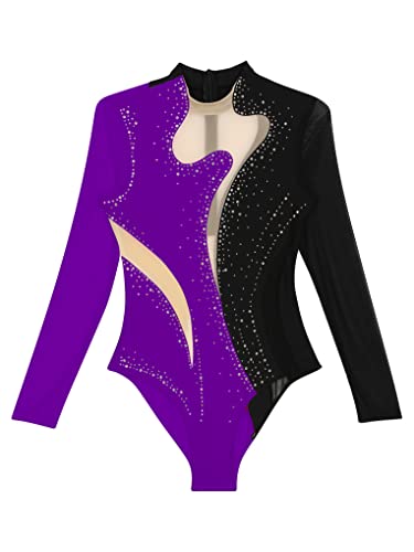 Nyeemya Maillot Gimnasia Ritmica para Mujer Transparente Clásico Mono de Danza Leotardo Deportivo Jumpsuit Body Manga Larga de Diamantes Brillantes Disfraz Bailarina Negro y púrpura M