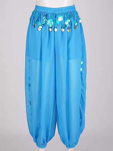 Nyeemya Pantalones Bombachos para Danza del Vientre, Pantalones árabes Tribales de Gasa para Mujer, Suelto Brillante con Lentejuelas, pantalón Bombacho Cielo Azul M