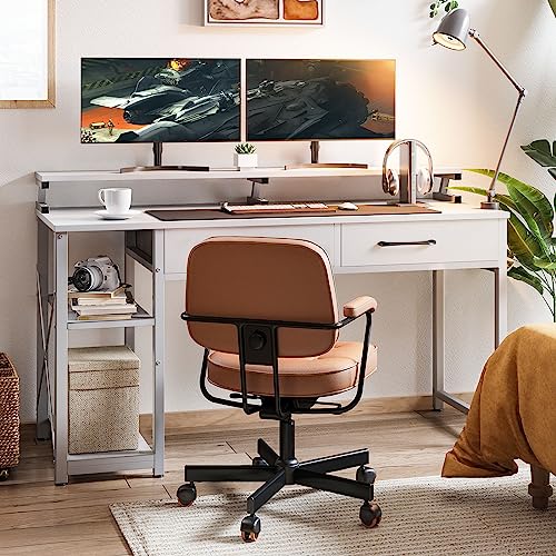 ODK Escritorio de Ordenador con cajones y Compartimentos de Almacenamiento, Escritorio de Oficina en casa con Soporte de Monitor, Escritorio de PC de Estudio de Trabajo (120x50x87cm, White)