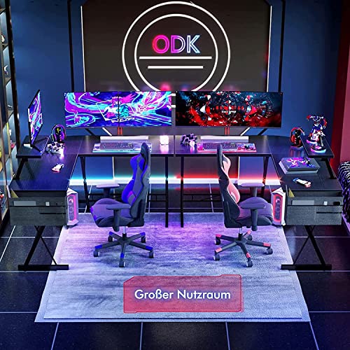 ODK Escritorio en Forma de L, Mesa de Ordenador, Mesa de Oficina con Esquina Redonda, Mesa de Juego con Estante para Monitor, 127 x 127 cm, Negro