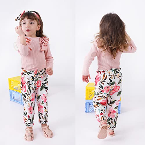 OFIMAN Conjunto de ropa de niña pequeña manga corta con volantes + pantalones florales + diadema, Rosa largo., 2-3 Años