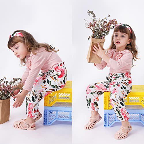OFIMAN Conjunto de ropa de niña pequeña manga corta con volantes + pantalones florales + diadema, Rosa largo., 2-3 Años
