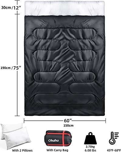 Ohuhu - Saco de Dormir Doble con 2 Almohadas, Impermeable, Ligero, para 2 Personas, Adultos, para Camping, Senderismo, Bolsa de Transporte, Color Negro