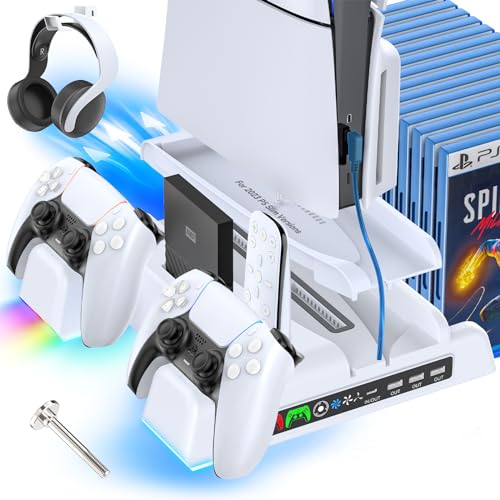 OIVO Soporte para PS5 con Cargador Mando PS5 RGB, Ventilador PS5 de 3 Velocidades, Soporte Playstation 5 con Ranuras para 14 Juegos