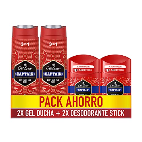 Old Spice Pack Ahorro Captain Gel De Baño Y Champú Para Hombres, 3 En 1, 2x400ml + Desodorante Barra, 2x50ml