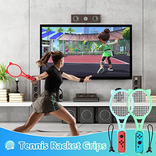OLDZHU 12 en 1 Kit de Accesorios Sports Compatible con Nintendo Switch,Switch OLED Sports Accesorios con Raquetas de Tenis,Palos de Golf,Sword,Correas para muñecas y piernas (Cian+Azul Claro)