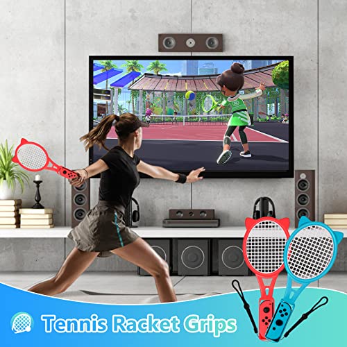 OLDZHU 12 en 1 Kit de Accesorios Sports Compatible con Nintendo Switch,Switch OLED Sports Accesorios con Raquetas de Tenis,Palos de Golf,Sword,Correas para muñecas y piernas (Rojo + Azul)