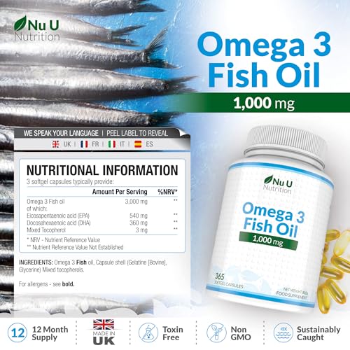 Omega 3 1000mg de Alta Potencia - 365 Cápsulas - Ácidos Grasos 540mg EPA y 340mg DHA por dosis diaria - Aceite de Pescado de Aguas Frías - Nu U Nutrition