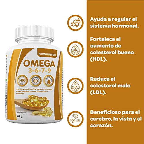 Omega 3 6 7 9, 60 perlas enriquecidas con aceite de lino, onagra, oliva, germen de trigo y nueces de Macadamia, beneficioso para el corazón, vista y cerebro. Nueva fórmula. novonatur