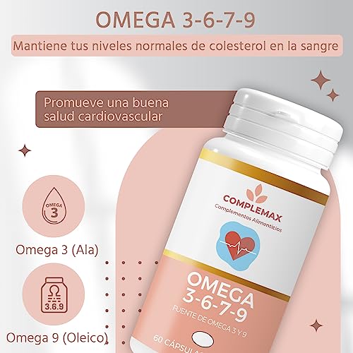 Omega 3 6 9 Cápsulas. Contribuye A Mantener Normales Los Niveles De Colesterol En Sangre. Rico en Ácidos Grasos Esenciales De Origen Vegetal. Contiene Omega 7. 60 Perlas Para 20 Días.