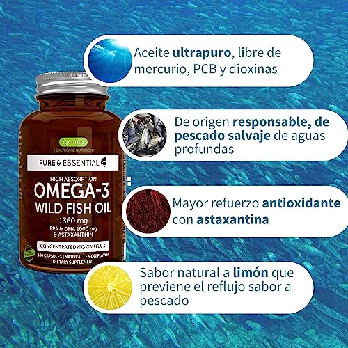 Omega 3 Súper Concentrado 1000 mg de EPA y DHA, 180 Cápsulas de Alta Absorción, Aceite de Pescado Salvaje con Astaxantina, Ultra Puro, Sabor a limón de Igennus
