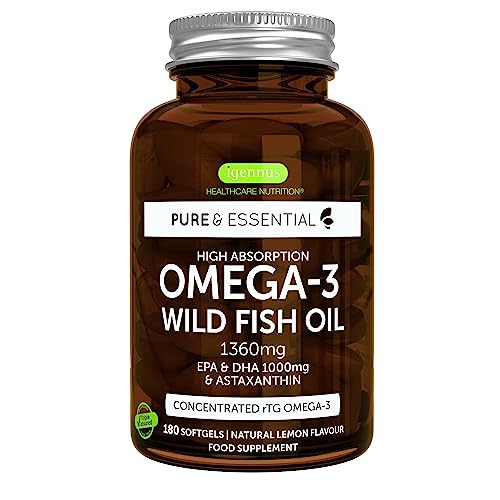 Omega 3 Súper Concentrado 1000 mg de EPA y DHA, 180 Cápsulas de Alta Absorción, Aceite de Pescado Salvaje con Astaxantina, Ultra Puro, Sabor a limón de Igennus