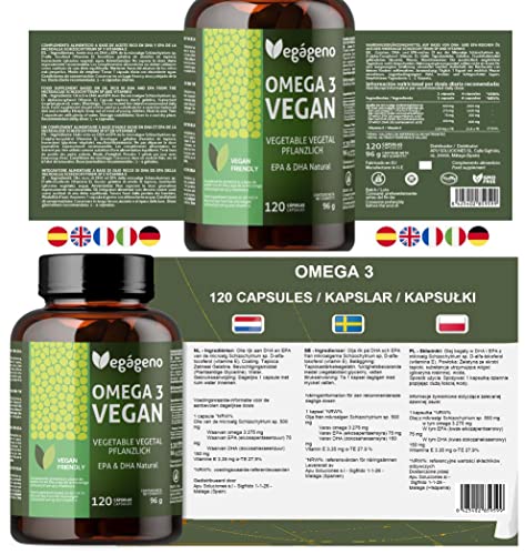 OMEGA 3 VEGAGENO - Aceite de Algas 2000MG de Origen Vegetal. Alta Concentración 600 mg DHA y 300mg EPA por Dosis Diaria. 100% Natural. Sin Gluten. No GMO. VEGAN Friendly