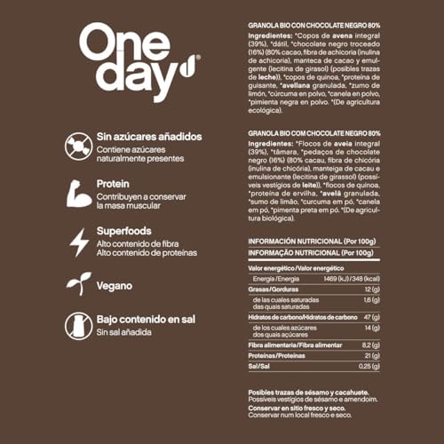 ONE DAY Granola Ecologica, Sin Azucares Añadidos, Alto en Proteína con Superfoods, Alto en Fibra, 300g (Chocolate, 1 unidad)