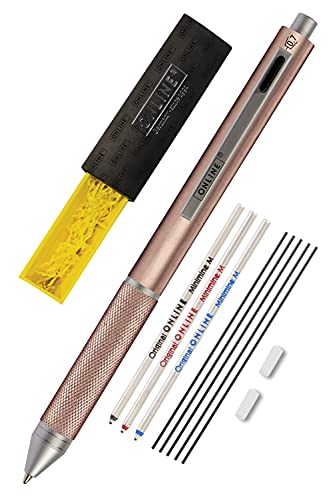 Online Multipen 4 en 1 oro rosa, bolígrafo y lápiz multifunción de metal, 3 minas de bolígrafo en azul, negro y rojo, 1 mina portaminas, incluye goma de borrar, en caja de regalo