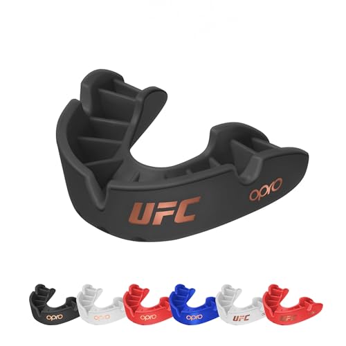 Opro Protector bucal deportivo UFC de nivel de bronce para adultos y jóvenes con funda y dispositivo de ajuste, protector de encías para UFC, MMA, boxeo, BJJ y otros deportes de combate (negro,