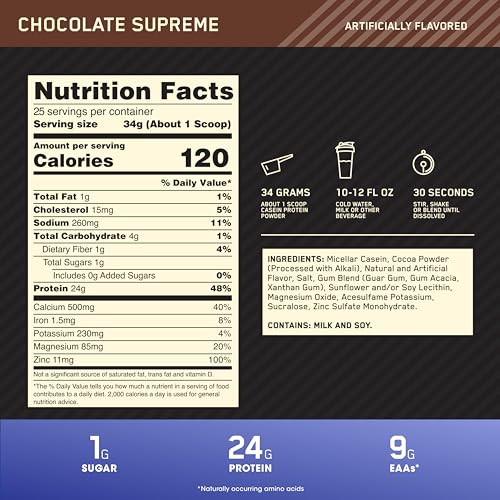 Optimum Nutrition Gold Standard 100% Casein Slow Digesting Protein Powder con Zinc, Magnesio y Aminoácidos, Crecimiento y Reparación Muscular, Sabor Chocolate Supreme, 28 porc., 924 kg