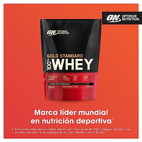 Optimum Nutrition Gold Standard 100% Whey, Proteína en Polvo para Recuperacíon y Desarrollo Muscular con Glutamina Natural y Aminoácidos BCAA, Sabor Double Rich Chocolate, 15 Dosis, 450 g