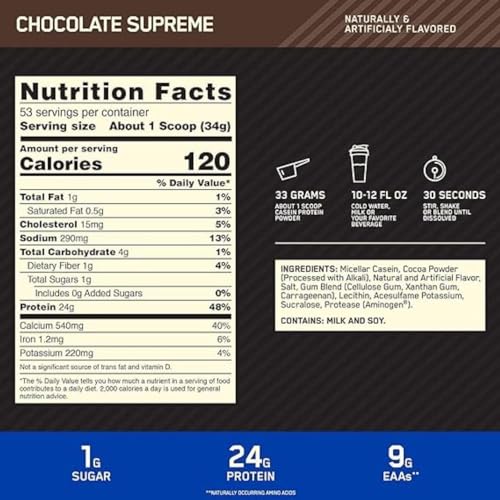 Optimum Nutrition Nutrición Óptima Estándar de Oro 100% Caseína Chocolate Supremo 4 Libras 1800 g