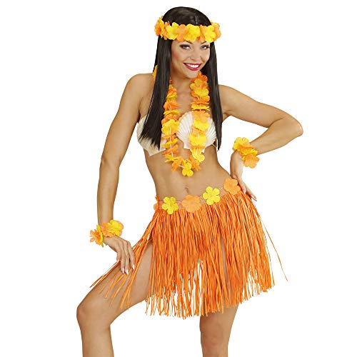 "ORANGE HAWAIIAN SET" (hula skirtwith flower belt, flower lei, crown, 2 bracelets) -
