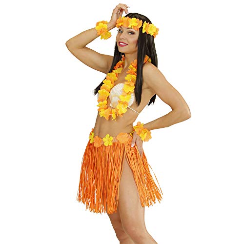 "ORANGE HAWAIIAN SET" (hula skirtwith flower belt, flower lei, crown, 2 bracelets) -