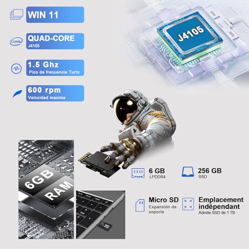 Ordenador Portátil 15.6" FullHD (Intel Quad-Core J4105,2.4G+5G WiFi Bluetooth 4.2 Mini HDMI,256GB SSD Admite expansión)Gris con ratón inalambrico&Protector de Teclado QWERTY Español
