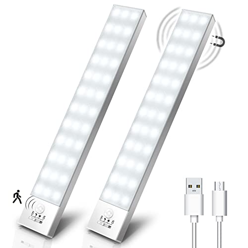 OUILA Luz LED Armario Magnética con Sensor Movimiento 36 LEDs 4 Modos Luz LED Adhesiva USB Recargable 1000mAh Luz Nocturna para Escaleras, Armario, Pasillo, Cocina, Garaje-2 Packs
