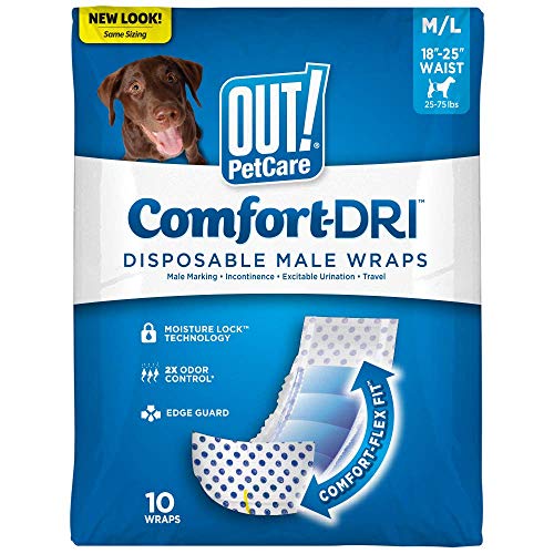 OUT! Pañales Desechables para Perros machos | Envolturas absorbentes Masculinas con Ajuste a Prueba de Fugas | M/L – Paquete de 10
