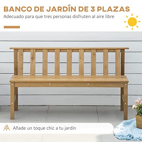 Outsunny Banco de Jardín de 3 Plazas Banco Exterior de Madera con Respaldo de Listones para Terraza Patio Balcón Carga 360 kg 144x60x77 cm Natural