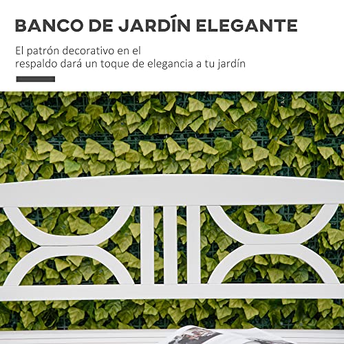 Outsunny Banco de Madera Maciza Exterior de 2 Plazas 123x61x89,5 cm Banco de Jardín con Respaldo Decorativo y Reposabrazos para Terraza Balcón Patio Carga 250 kg Blanco