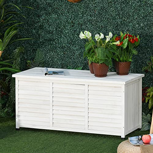 Outsunny Baúl de Madera Exterior Caja de Almacenamiento de Jardín con Tapa Abrible y Diseño Persiana 127x56x60 cm Blanco