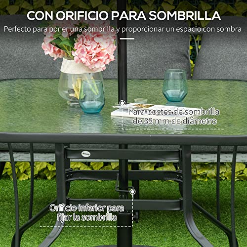 Outsunny Mesa de Jardín en Vidrio con Agujero de Comedor Cuadrada con Estructura de Acero para Balcón 106,5x106,5x71 cm Negro