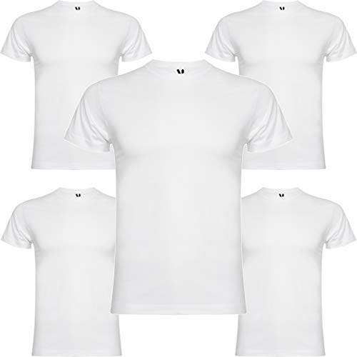 Pack 5 | Camiseta Hombre Manga Corta | Algodón Peinado | Cuello Redondo | Punto Liso (Blanco, L)