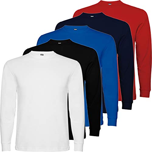 Pack 5 | Camiseta Manga Larga Hombre | 100% Algodón Punto Liso | Cuello Redondo (5 Colores, M)