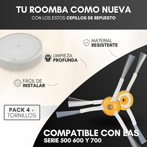 Pack de 4 Cepillos Laterales y 4 Tornillos de Repuesto para Roomba Serie 500, 600, 700, 800 y 900 - Kit de Accesorios de Recambio para Aspiradora Robot - Compatible con Roomba (Series 500, 600 y 700)