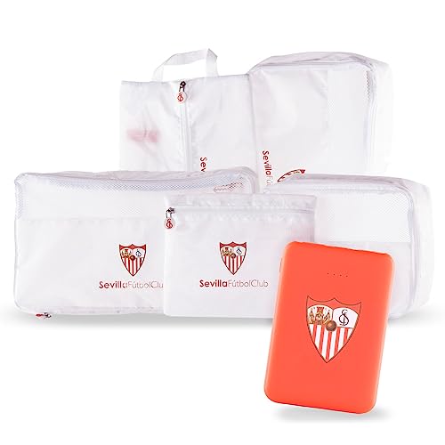 Pack del Sevilla FC - Organizador de Maletas y Batería Externa - 5.000 mAh - Entrada Tipo C y Micro USB - 5 Piezas Organizador de Equipaje - Producto Oficial del Equipo
