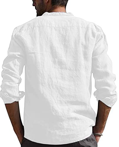 PADOLA Hombre Camisas Lino T-Shirt Suelta Manga Larga Casual Top Color Sólido Camisa de Verano Regular Fit Respirable Henley Camisas Casual (1 Blanco L)