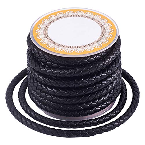 PandaHall Cordón de cuero trenzado de 4 metros de 5 mm, color negro, redondo, para hacer pulseras, collares, joyas