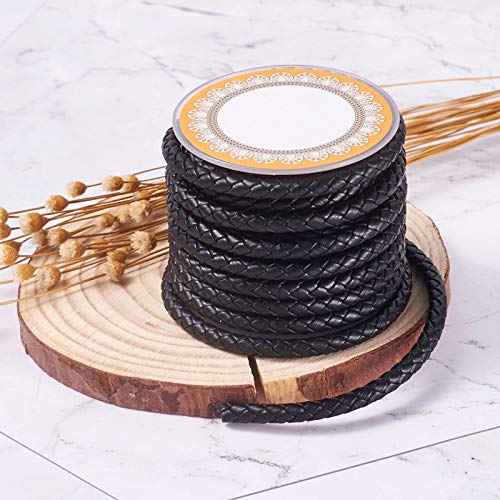 PandaHall Cordón de cuero trenzado de 4 metros de 5 mm, color negro, redondo, para hacer pulseras, collares, joyas