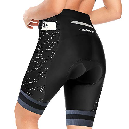 Pantalones cortos de ciclismo para mujer, 4D Gel Pading Ciclismo, Spinning Biker, con bolsillos, cintura ancha, Negro reflectante., S