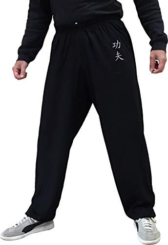 Pantalones de Kung Fu Tai Chi y Wing Chun Pantalones para Hombre y Mujer Amplio y Agradable en Viscosa (XL, Color KF Negro)