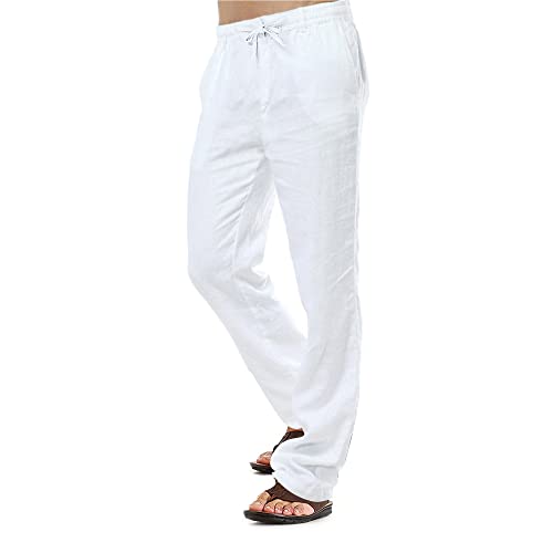 Pantalones de lino para hombre, pantalones casuales de algodón, pantalones de playa de verano, pantalones ligeros con cordón, blanco, M